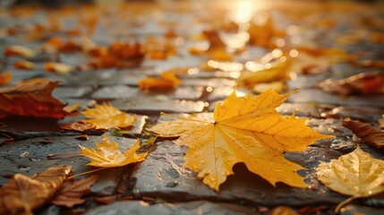 Golden autumn leaves scattered on a cobblestone path, illuminated by warm sunlight, creating a serene seasonal atmosphere.
