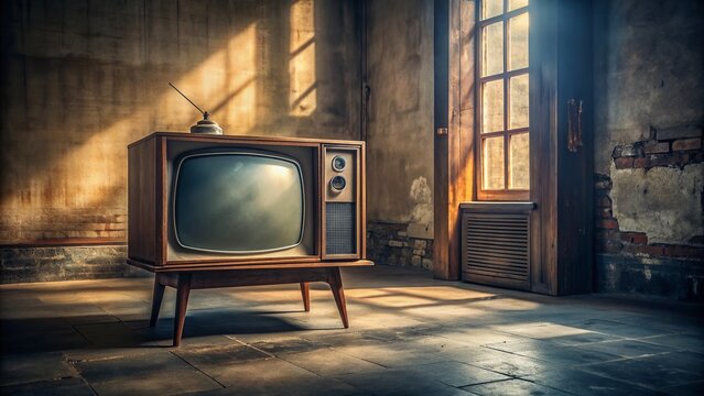 A vintage TV set with a rounded screen and wooden cabinet stands idle, surrounded by dusty shadows, in a dimly lit, abandoned space.