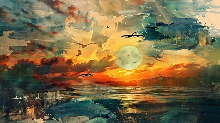 Obraz premium Abstract Sunset Seascape with Birds and a Full Moon