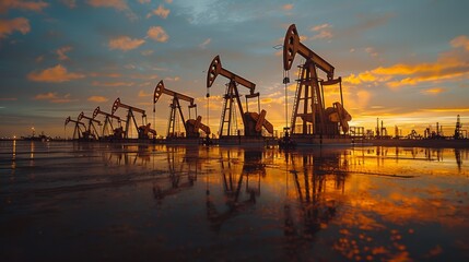 Obraz premium Oil pumps operating during sunset in an industrial area reflecting off wet ground