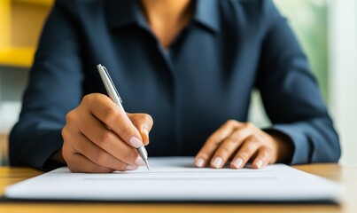close-up of woman's hand signing a document with silver pen on white paper at a desk - business agreement, contract, legal, professional, signature