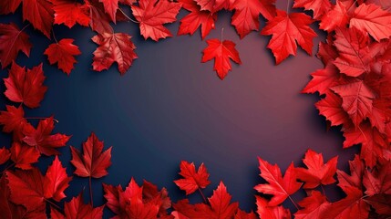 Vibrant red maple leaves create a stunning border against a deep blue background, perfect for autumn-themed designs.