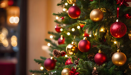 Christmas Tree With Baubles And Blurred Shiny Lights
