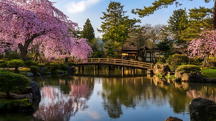 Obraz premium A beautiful Japanese cherry blossom garden in a quiet spring. Generative AI illustration 