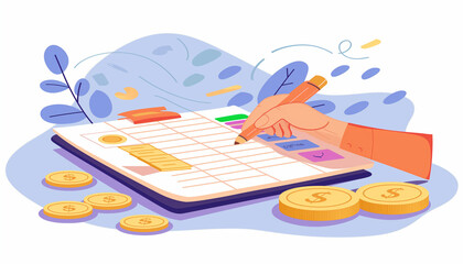 Vector person calculates monthly expense and payment bill invoice. Calculating the monthly budget. 
frugal concept to control monthly expenses.