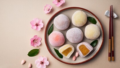 Flat Lay Photo of Mochi: Japanese Sweet Treat on Table Background"