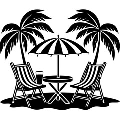 beach 2 chair with table and umbrella silhouette vector art illustration