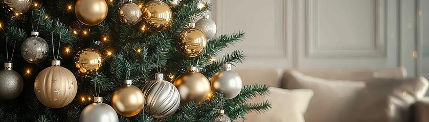 Elegant Christmas tree with gold and silver ornaments, Christmas tree decorations ideas, Luxury holiday decor