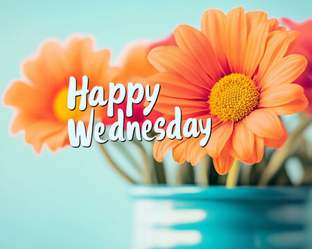 &lsquo;Happy Wednesday&rsquo; text against a colourful flower arrangement background