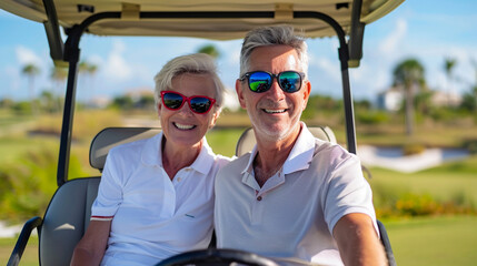 Naklejka premium Couple in golf car looking at camera.