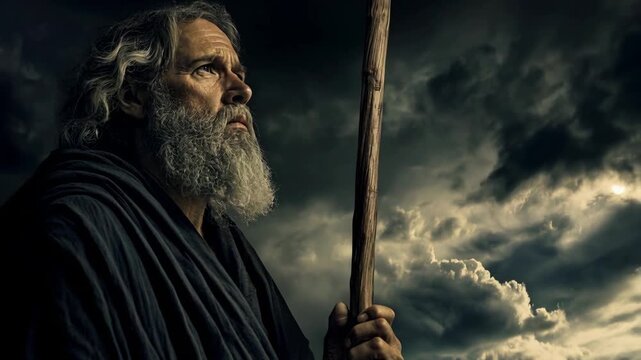 Moses holding a wooden staff against a dramatic background