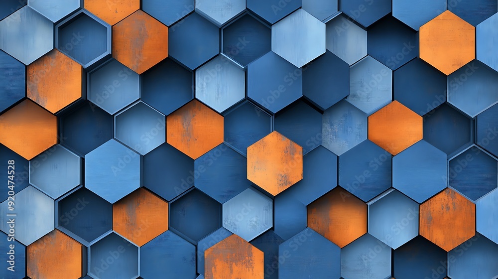 Poster seamless abstract with repeating hexagons in chambray blue and burnt orange