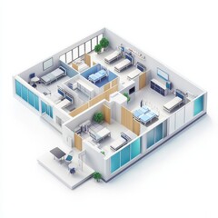 3D Render of a hospital with operating theaters, wards for patients, and an administrative area