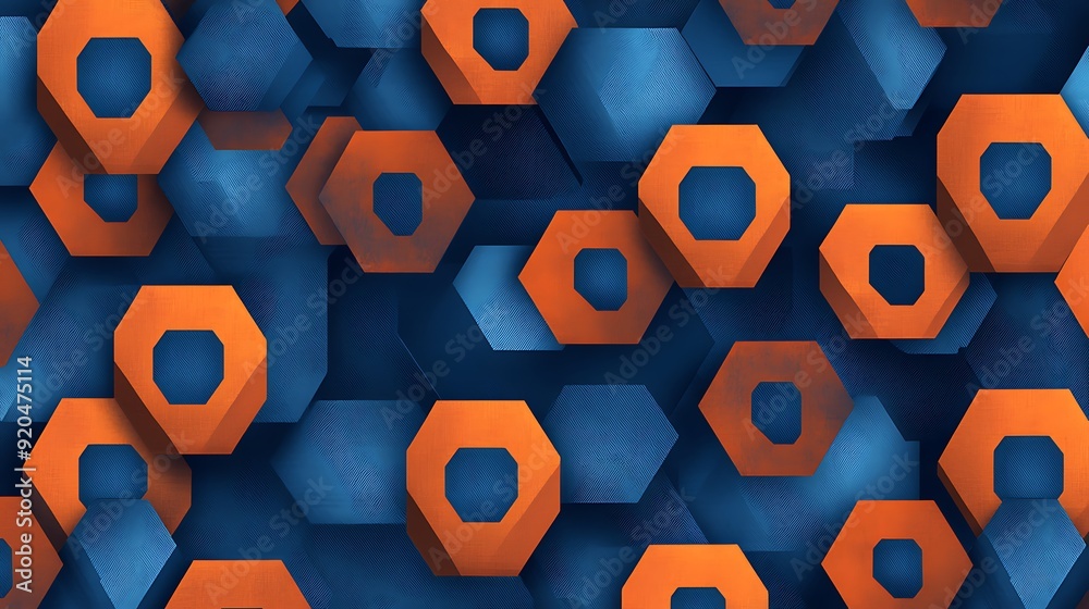 Poster seamless abstract with repeating hexagons in chambray blue and burnt orange
