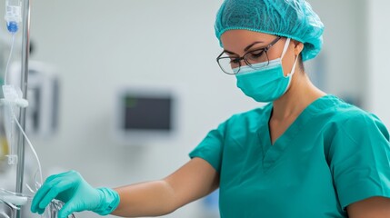 female nurse in operating room wearing surgical mask, gloves, and cap, checking medical equipment - healthcare professional in sterile environment - medical procedure preparation