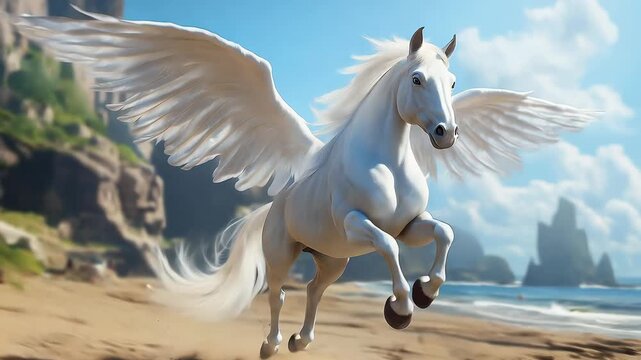 White Pegasus, magic flying horse with wings.