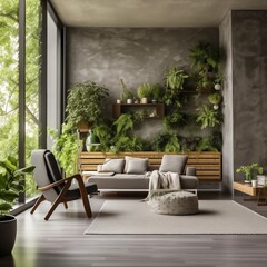 Stylish living room with modern furniture and green plants, Generative Ai