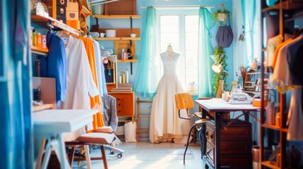 Women fashion dress design studio or atelier workshop for fashion house and custom tailor clothing talent small business.