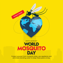 World Mosquito day. 20th August Mosquito day celebration banner with earth globe in a heart shape, raise awareness, protect world, from Mosquito diseases