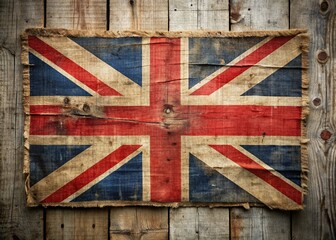 Fototapeta premium Weathered and worn, a classic Union Jack flag with faded colors and frayed edges proudly displays English heritage and nostalgia against a rustic backdrop.