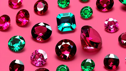  The round, pear and the emeral cut precious stones, such as rubies and emeralds on pink background. Author Artist Nadia Russ.	