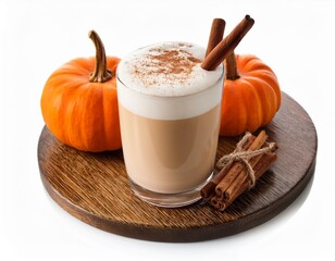 Cup of pumpkin spice latte with whipped cream, squashes and cinnamon sticks isolated on white. Ideal for coffee lovers day. 
