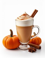 Cup of pumpkin spice latte with whipped cream, squashes and cinnamon sticks isolated on white. Ideal for coffee lovers day. 