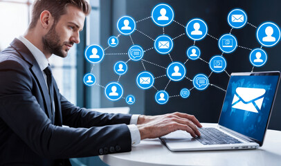 Professional in suit working on laptop, visualizing email network, concept of corporate communication, digital correspondence, online business management, technology interface