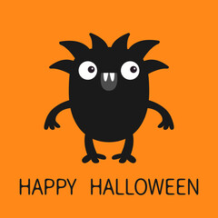 Happy Halloween. Cute monster icon. Scary face head. Eyes, fang tooth, horns, hair, hands. Black silhouette. Cartoon boo spooky kawaii funny baby character. Flat design. Orange background. Vector