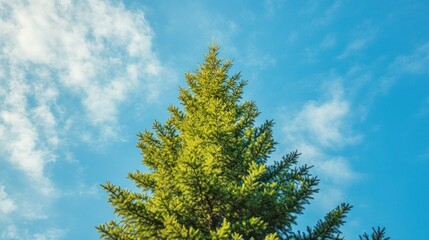 Obraz premium Tall Evergreen Tree Against Blue Sky with White Clouds