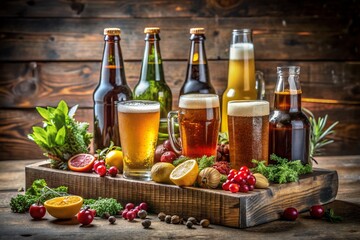 Assorted craft beers in unique glasses and bottles, garnished with fruits and herbs, arranged on a rustic wooden tray, exuding a warm and inviting atmosphere.