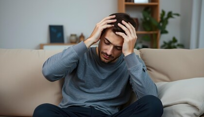 Obraz premium Sad unhappy young man sitting on sofa headache holding forehead thinking about problem, difficulty, feeling failure and exhausted