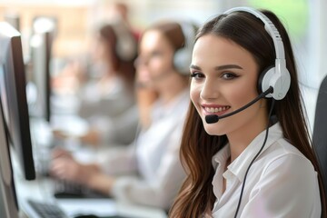 A team of call center agents actively assisting customers through phone calls in a busy call center setting, AI generated