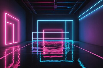 Obraz premium Abstract neon light fluorescent Neon Lights glow ,Reflection on water, exhibition background 3D illustration