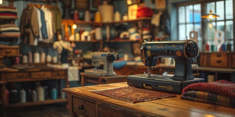 Cozy tailor shop interior with vintage sewing machines, fabric rolls, and garments, creating a warm and inviting atmosphere