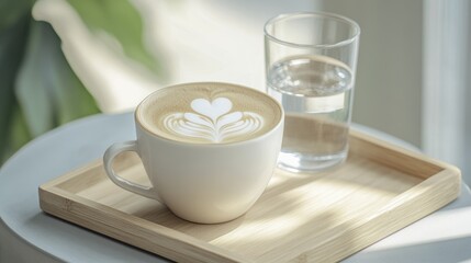 Latte Art Coffee Cup on Wooden Tray
