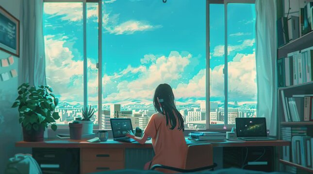 An anime girl typing on a laptop by a large window, with a vibrant cityscape outside, creating a reflective and focused atmosphere i Seamless looping 4k time-lapse virtual video animation Generated AI