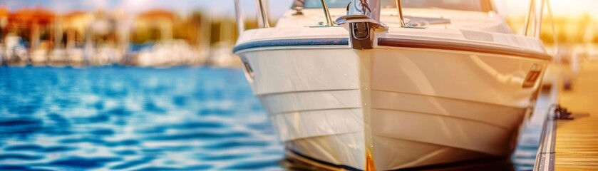 Obraz premium stunning white boat docked at marina with blurry waterfront background in sunset light.