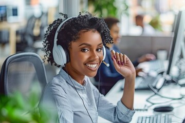 A team of call center agents actively assisting customers through phone calls in a busy call center setting, AI generated