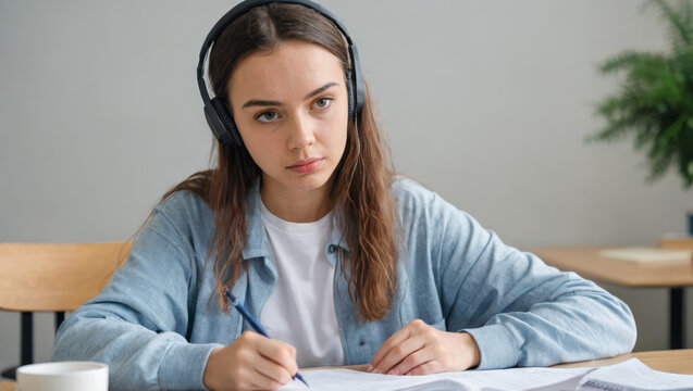 Young student engaged in learning with headphones, studying notes at desk, focused on educational content, pen in hand, home study session