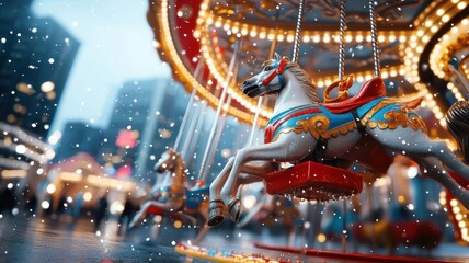Dreamy 3D illustration of illuminated carousel with ornate horses, dynamic lighting effects, glowing ambiance, nostalgic charm.