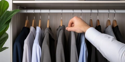 man choosing clothes from organized closet hanger with neutral color scheme - minimalist home fashion and style concept.