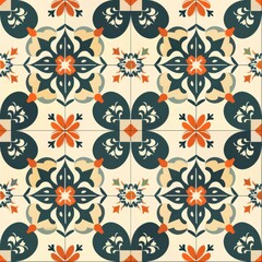 Colorful geometric tile pattern featuring floral elements in orange, teal, and cream, ideal for interior design projects.