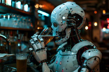 Fototapeta premium Robot cyborg humanoid helper in activities of daily life routine living with people, Generative AI