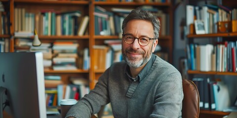 Fototapeta premium A smiling man wearing glasses, sitting at a desk with bookshelves behind him, represents a cozy workspace or home office setting, perfect for academic, professional, or remote work-themed content,