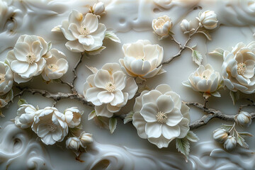 Luxurious white wall design with rococo stucco mouldings created with generative AI technology