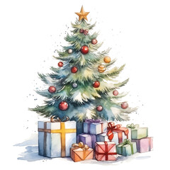 Watercolor Christmas tree with gifts isolated on a transparent background, Holiday Season, Christmas gift boxes, Christmas gifts, Surprises, Transparent PNG background