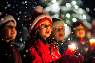 Children singing carols during a Christmas tree lighting ceremony