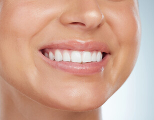 Woman, mouth and happy in studio for dental care with hygiene and teeth whitening for gum health. Female person, smile and satisfied with oral treatment or canal procedure on white background