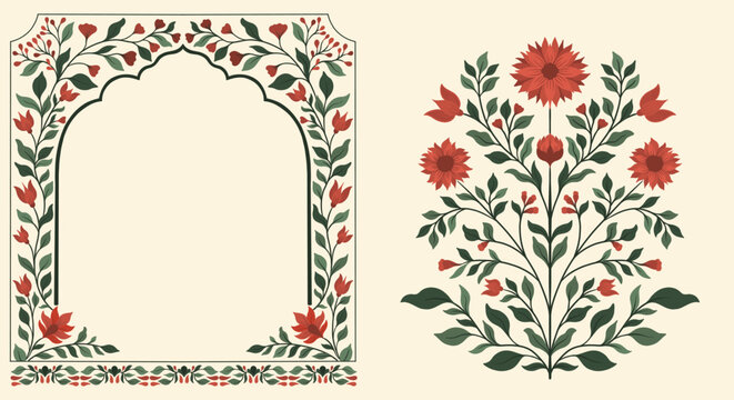 Mughal decorative ornamental floral. Vintage intricate traditional mughal style with flowers and foliage.